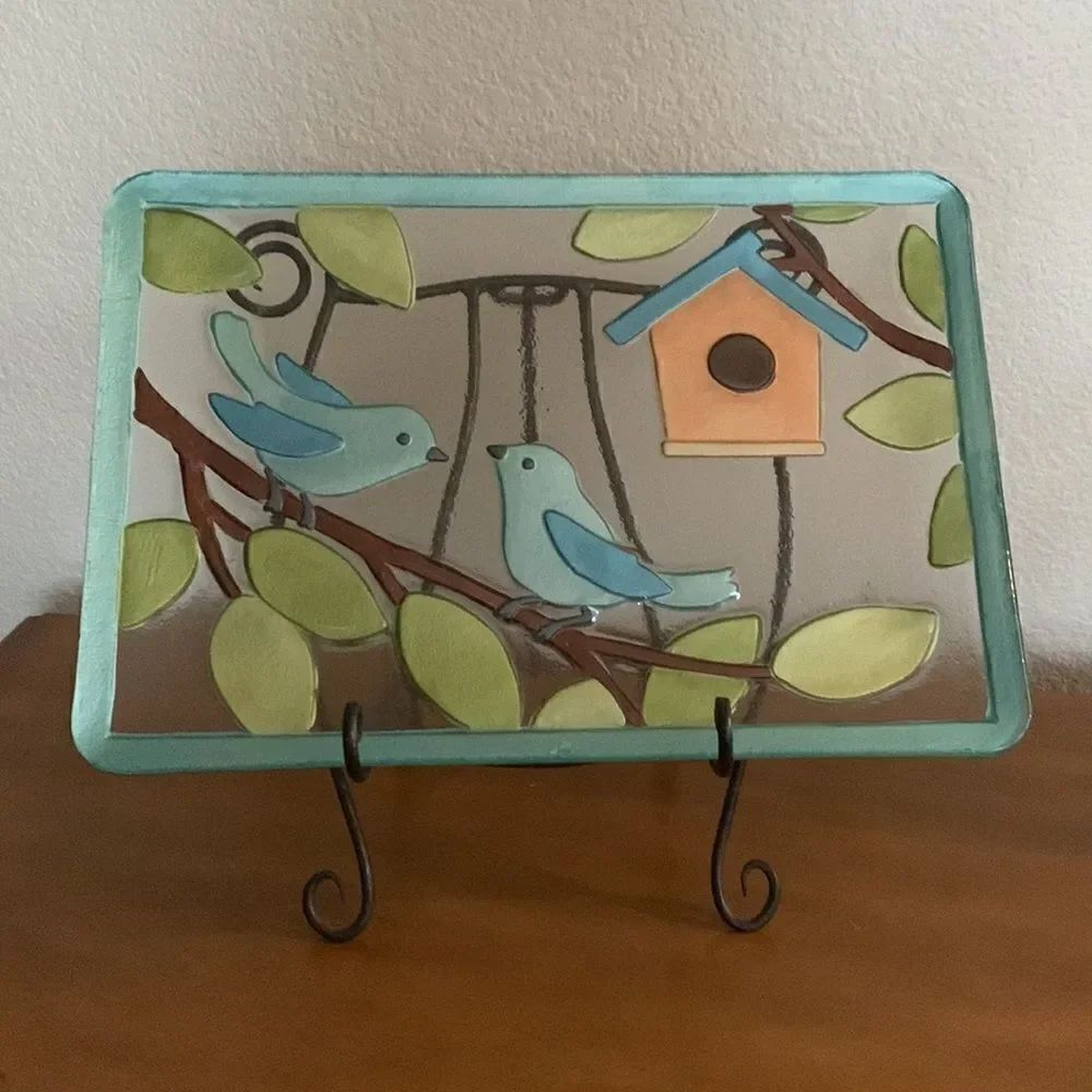 Blue Birds Glass Art 11 Inches X 16 Inches Heavy Metal Display Stand Included - Picture 8 of 9